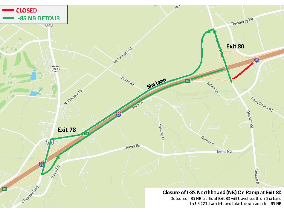 Traffic shift I-85 Northbound between mile markers 80 and 86 